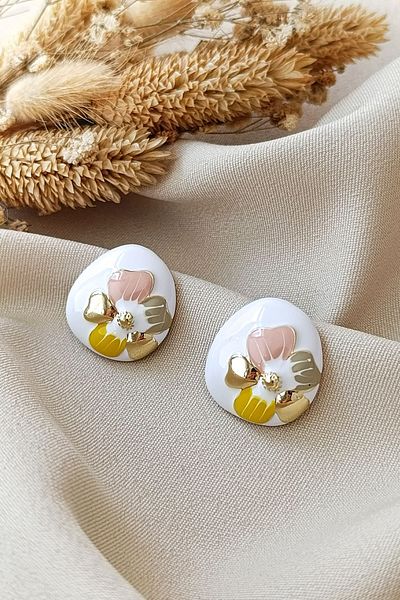 COSİTA PinK Green Pastel Flower Patterned Oval Earrings