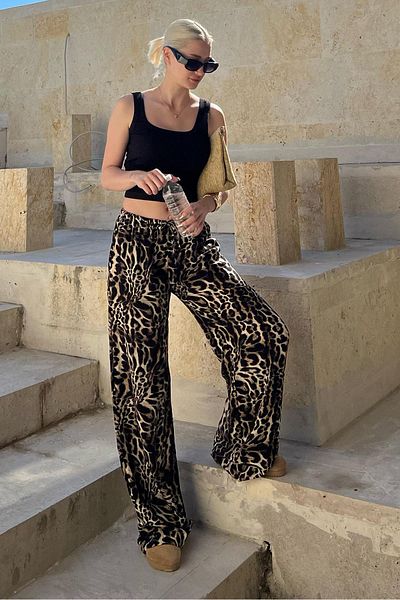 Madmext Schwarze Hose mit weitem Bein und Leopardenmuster und verstellbarer Taille - MG2095