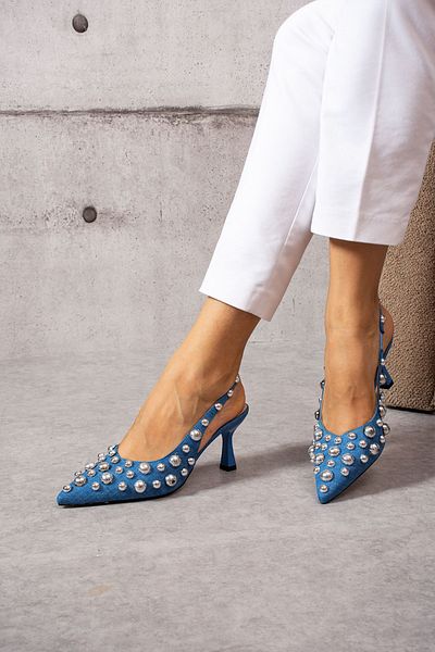 topukludünyası Pantofi de damă cu toc din denim cu trop albastru