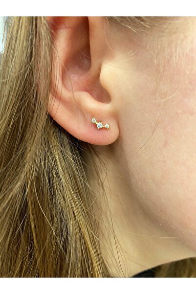 Hepimitu Üç Taşlı Tragus Piercing Altın Küpe