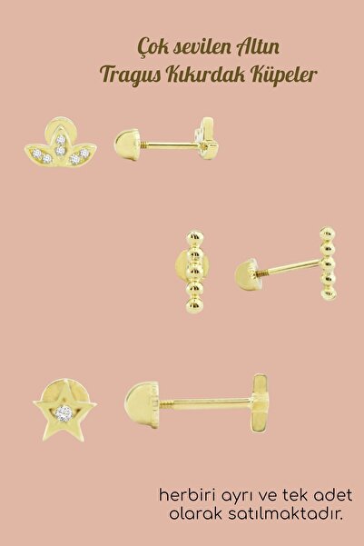 Hepimitu Sıra Toplu Tragus Piercing Altın Küpe