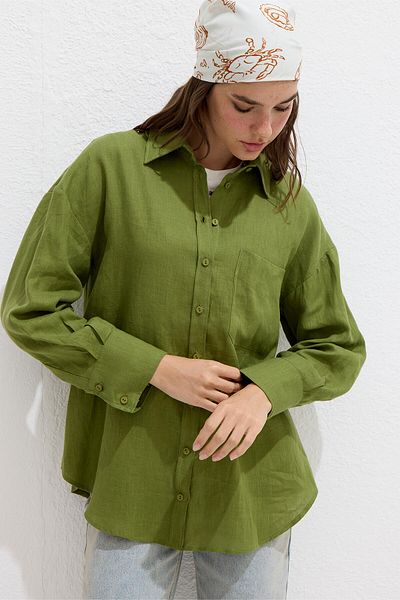 Manuka Cămașă subțire din in, verde iarbă