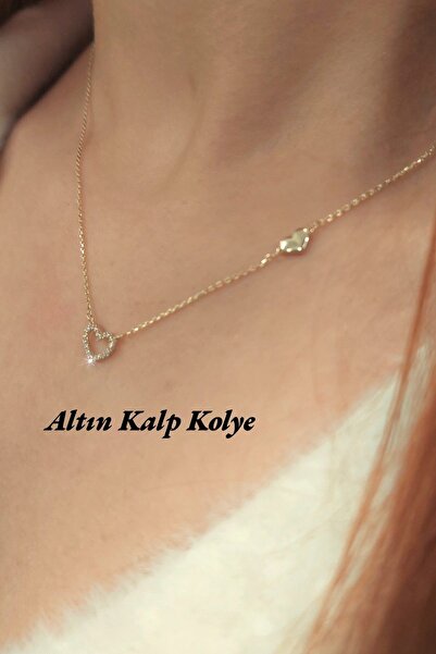 Hepimitu Taşlı Ikili Kalp Altın Kolye