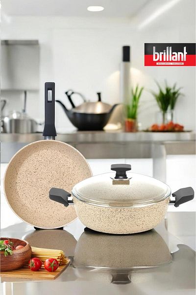 Brillant Luxury Granite 3-Piece Cookware Pan Set 24/24 cm Rice Pot Set Fireproof Non-Stick Pan Set Cream