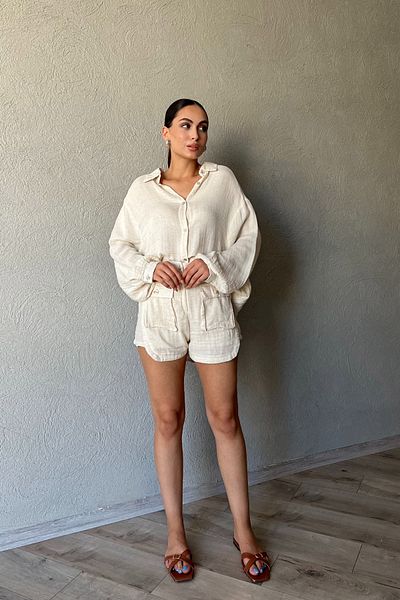 Seda Yalçın Atelier Beige Modern Shorts and Shirt Set - Cargo Pocket