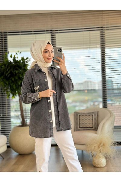ALANURMODA Bead and Pearl Detailed Denim Shirt