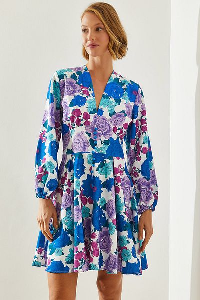Bianco Lucci Rochie de damă cu decolteu în V cu imprimeu floral - Detaliu nasturi, Model 21400 60251671