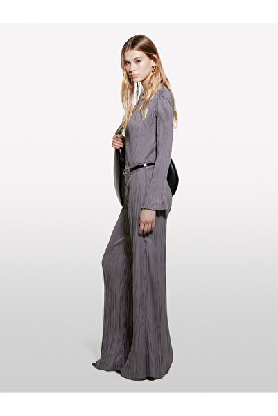 Sisley Smoke Colored Women's Trousers - Side Hidden Zipper, Regular Waist, Wide Leg