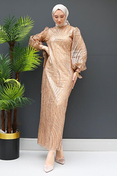 GİZ AGİYİM Βραδινό φόρεμα Gülşah Glitter σε χρυσό χρώμα