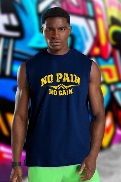 BESSA Navy Blue Oversize Men's T-Shirt - No Pain No Gain Printed, Crew Neck, Cotton Sleeveless Tank Top