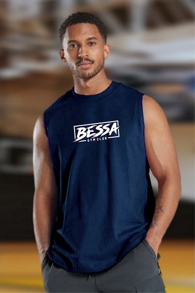 BESSA Bessa Gym Navy Blue Oversize Cotton Sleeveless T-Shirt/Atlet - Crew Neck