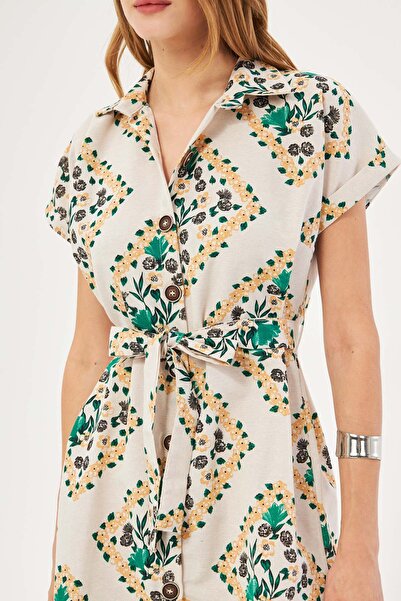 armonika Φόρεμα κοντομάνικο πουκάμισο με σκούρο πράσινο στάμπα λινό - με ζώνη μέσης, ARM-24Y 001108