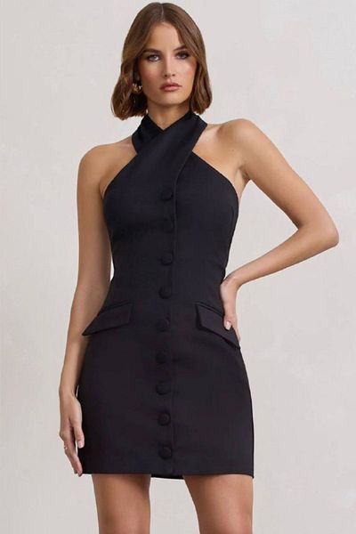 Love Fab Rochie mini cu decolteu cu șarmuire, elastică, din țesătură creponată, cu detaliu cu nasturi