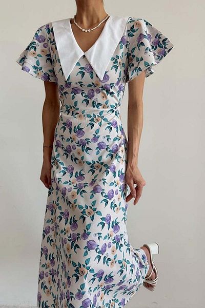 Lusin Liliac cu Motive Florale - Rochie Midi de damă cu guler