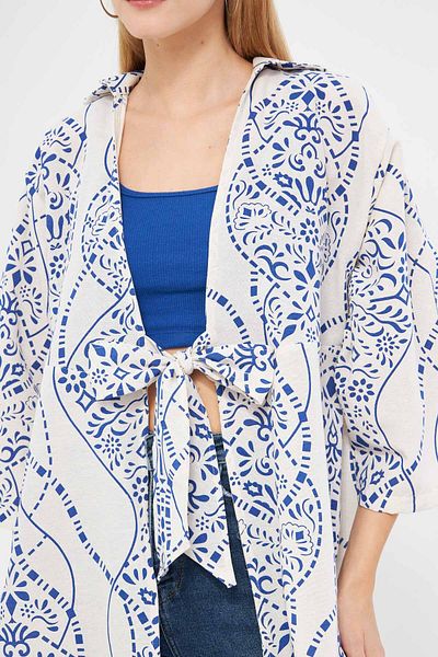 armonika Cămașă kimono din in cu model albastru și alb - cu cravată în față, ARM-24Y 001079