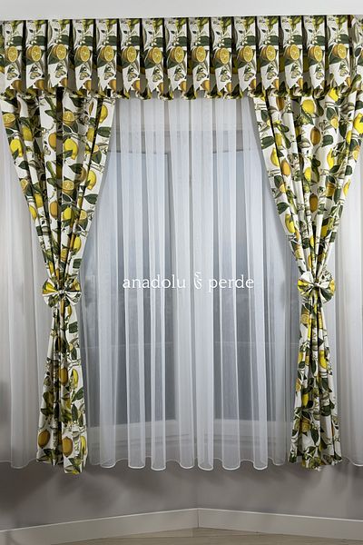 GLOMAR 1/3 Lemon Patterned Rustic Kitchen Curtain with Barbell - Tight Pleat Short Background
