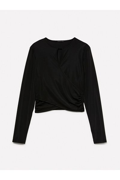 Sisley Tricou de damă cu motiv cruce neagră - slim fit, cu mânecă lungă