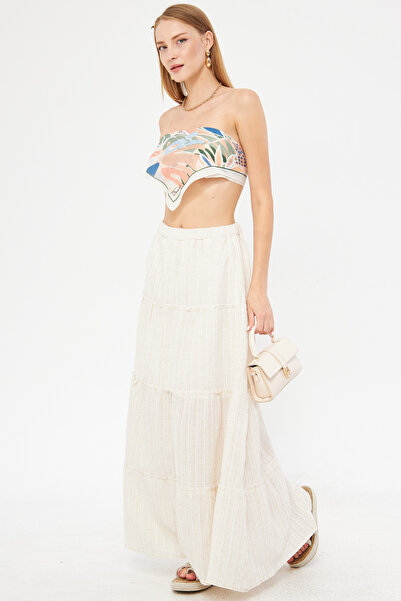 armonika Fusta lungă ecru pentru femei - talie elastică, cu volane, ARM-24Y 0...