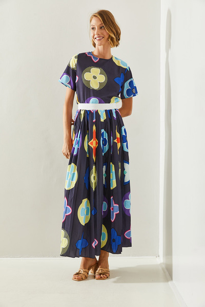 Bianco Lucci Floral Patterned Pleated Skirt and Top Set - Elastic Waist Women 2097 60251668