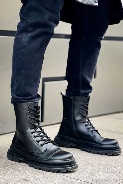 BZ Moda Ανδρικές αθλητικές μπότες B229 Crow - Casual δέρμα, κορδόνια και φερμουάρ, ορθοπεδική σόλα, μαύρο