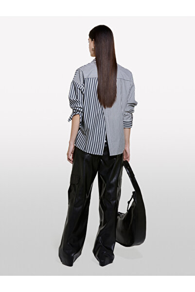 Sisley Cămașă supradimensionată din bumbac cu dungi gri - mânecă lungă, detaliu în dungi