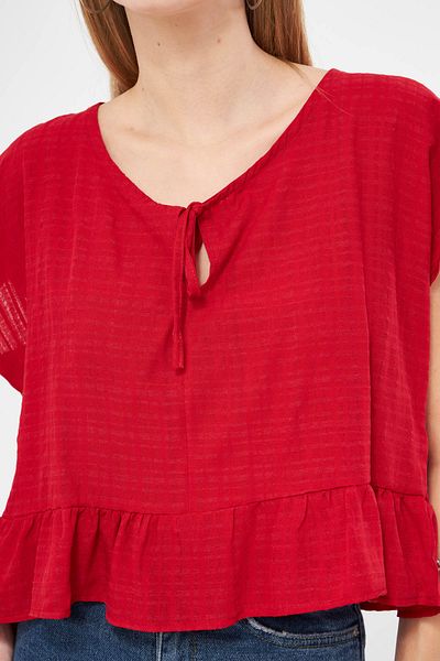 armonika Red Oversize Crop Blouse - Bat Sleeve and Tie SKirt ARM-24Y 001088