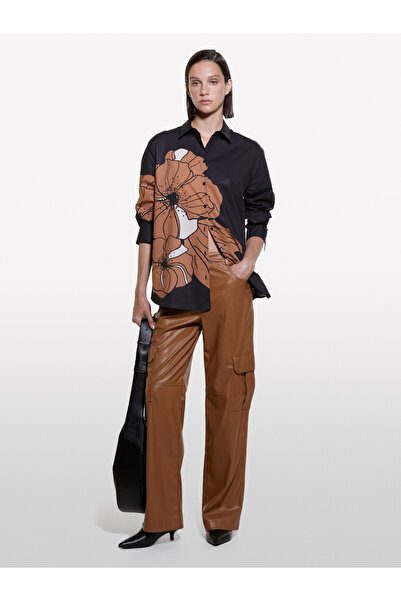 Sisley Γυναικείο πουκάμισο με μακρυμάνικο καφέ λουλουδάτο σχέδιο από 100% βαμβάκι