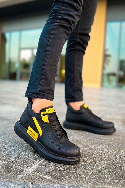 BZ Moda Frogner B131 - Ορθοπεδικές ανδρικές αθλητικές μπότες, καθημερινό δέρμα με κορδόνια, μαύρο/κίτρινο