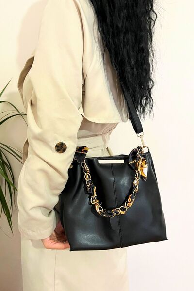 DENOUEMENTSTORE Geantă neagră de damă din piele moale cu eșarfă și accesorii ...