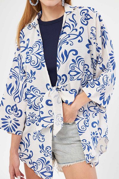 armonika Cămașă Kimono pentru femei cu model albastru închis - aspect in ARM-24Y 001079