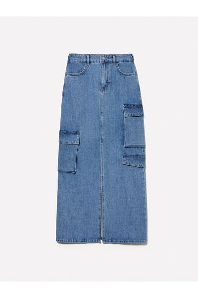 Sisley Fusta lungă de damă din denim albastru deschis - 100% bumbac, cu buzunar despicat