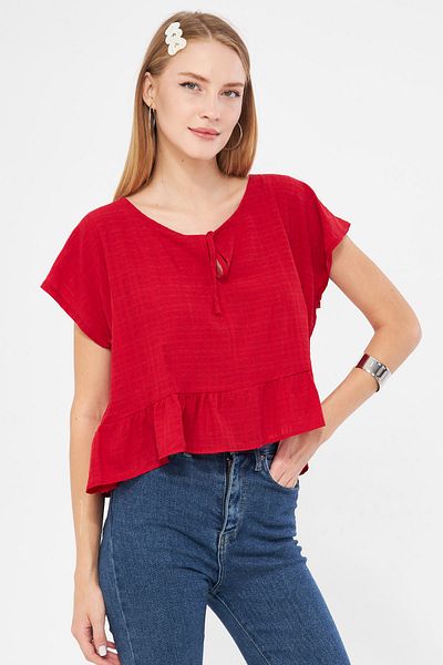 armonika Red Oversize Crop Blouse - Bat Sleeve and Tie SKirt ARM-24Y 001088