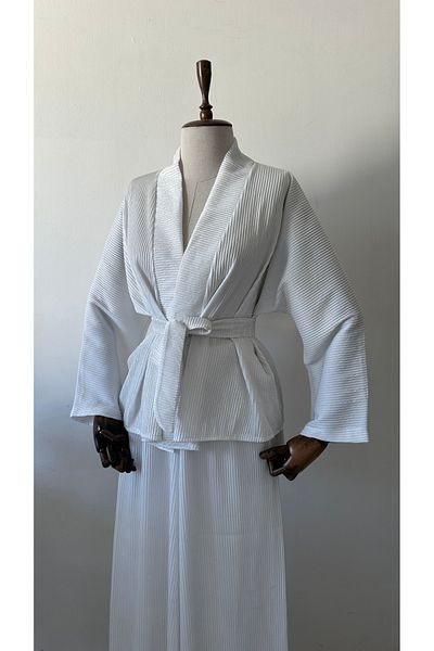 Glowear Atelier Women's Silver Glitter Detailed Design Kimono Set with White Pants