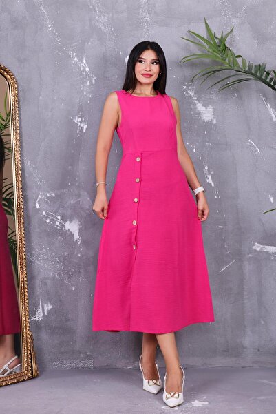 ZEYWEAR Düğme Detaylı Keten Kalem Elbise