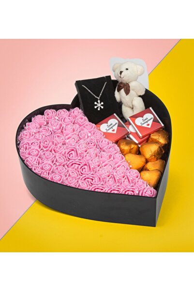 Fotomcity Deluxe Kalp Kutu Pembe Gül Çikolata Kalp Anahtarlık Buketi
