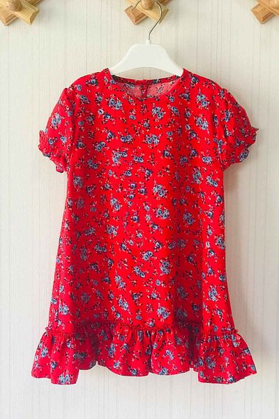 Bertuğ Bebek Pomegranate Flower Patterned Gathered Cotton Mother and Daughter Baby Dress