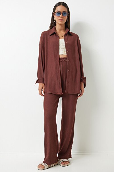 Lovelyİstanbul Barna kötött ing és nadrág szett - Rahat Lkh0001