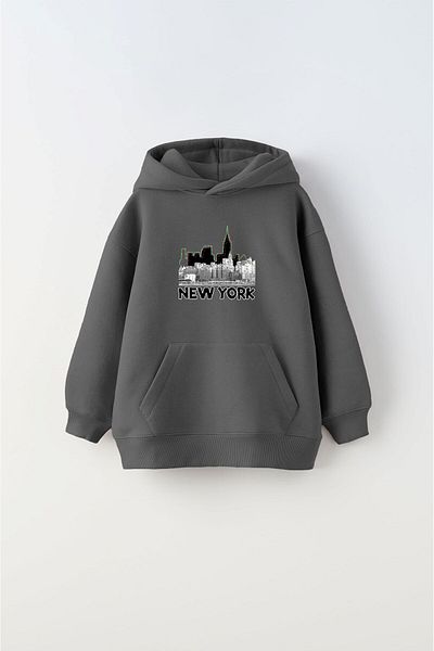 The Champ Clothing Hooded Fleece Inside New York Text Printed Black Unisex Kids Hoodie Sweatshirt