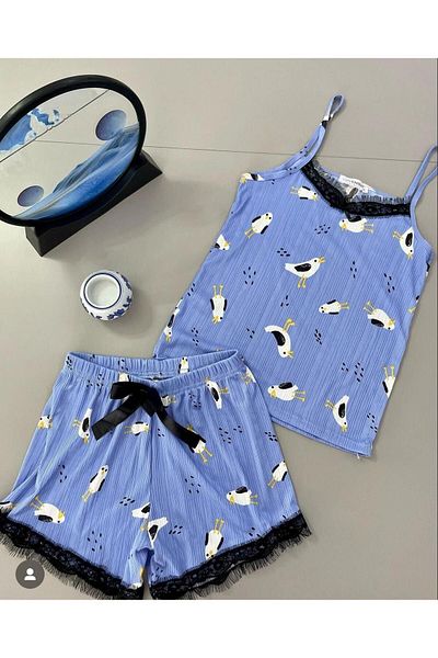 skycott Seagull Printed - Rope Strap Shorts Pajama Set - Lace and Ribbon Detailed