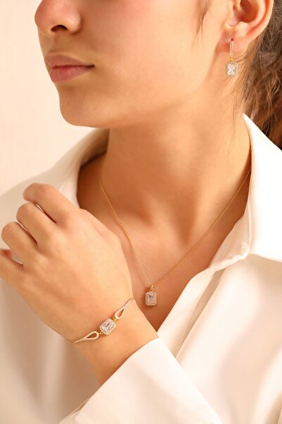 ADA LİFE GÜMÜŞ 925 Ayar Gümüş 3 Lü Tek Taş Baget Set (özel Kutulu) BİLEKLİK KÜPE KOLYE