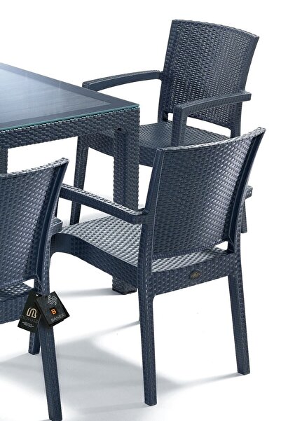 Novussi Liverno Suya Ve Güneşe Dayanıklı 6 Koltuklu 90x150 Dikdörtgen Camlı Masa Rattan Bahçe Balkon Takımı