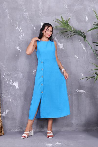 ZEYWEAR Düğme Detaylı Keten Kalem Elbise
