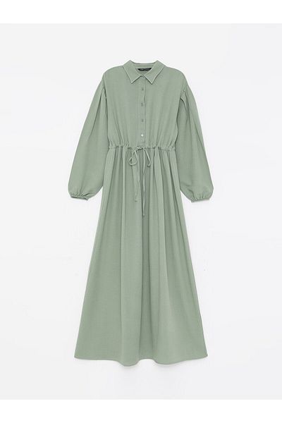 LC Waikiki LCW Damenkleid mit Hemdkragen und langen Ärmeln aus Leinenmischung