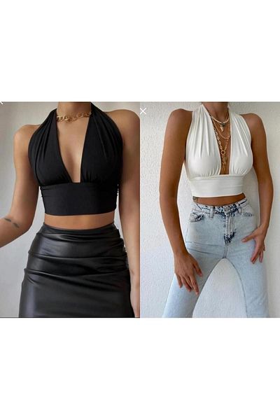 laughs V-Neck Low-Cut Sandy Crop Women's Blouse - Set of 2 Blz6225