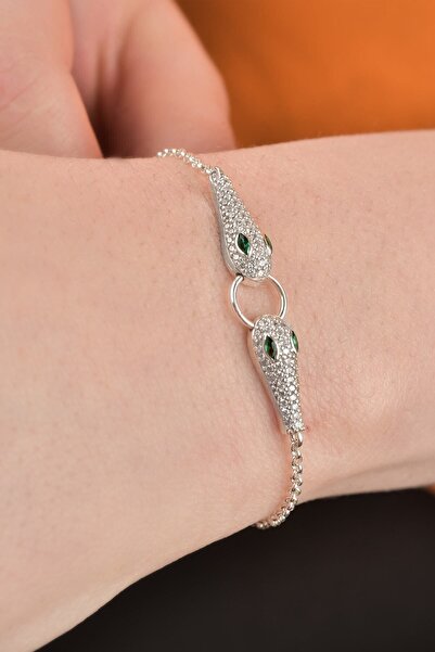 jelux silver Gümüş 925 Ayar Yılan Başlı Zümrüt Gözlü Şans Bilekliği