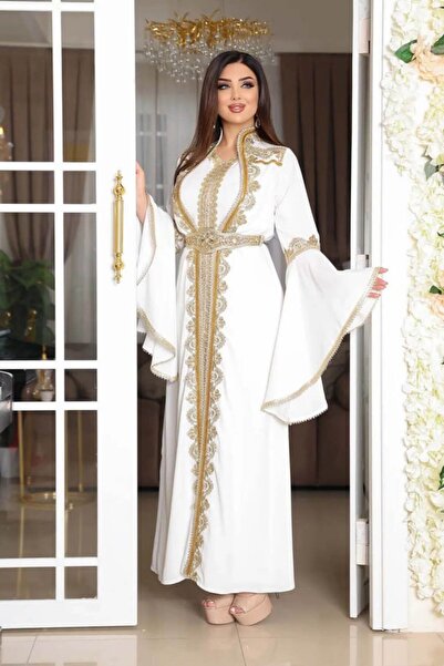 FLORA TEKSTİL طقم مكون من قطعتين - فستان سهرة قفطان مع تطريز ذهبي وتفاصيل دان...