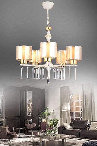 KARDELEN AYDINLATMA AVİZE Propeller 5-Piece White Double Glass Luxury Upward Facing Crystal Stone Chandelier