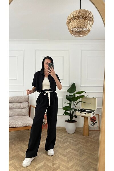 buqre's moda Set de muselină crop neagră - Detaliat frânghie