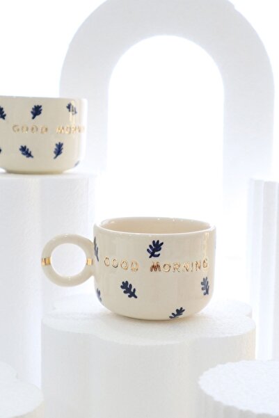 ada mia seramik Mercan Desenli Good Morning Özel Tasarım 24k Altın Dekorlu El Yapımı Seramik Mug 200ml