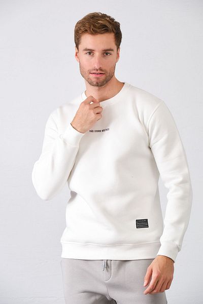 aziso Λευκό φούτερ Crew Neck - Ανδρικό, Κεντημένο, Slim Fit, 3 String Raised ύφασμα